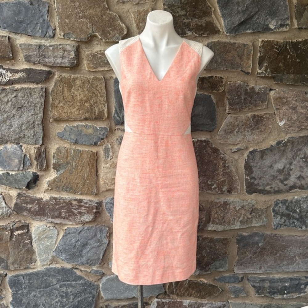 J.Crew Sleeveless Sheath Dress Coral Pink Tweed Size 4 V-Neck Lace Back Detail